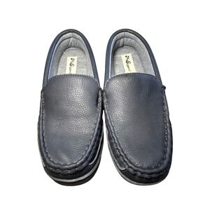 NEW MySlippers Womens 8 Navy Leather Moccasin Loafer House Shoes Cozy‎ Preppy